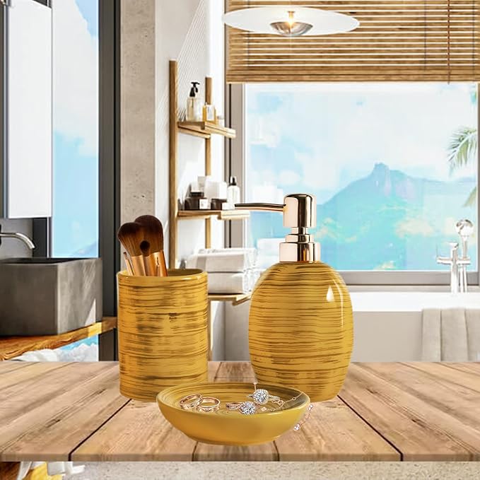 Bathroom Accessories Set, 3 Pcs Marble Look Bath Set Soap Dispenser & Toothbrush Holder Set, Counter Top Restroom Apartment Decor Stuff, Ceramic Kits, Unique Gift, Yellow
