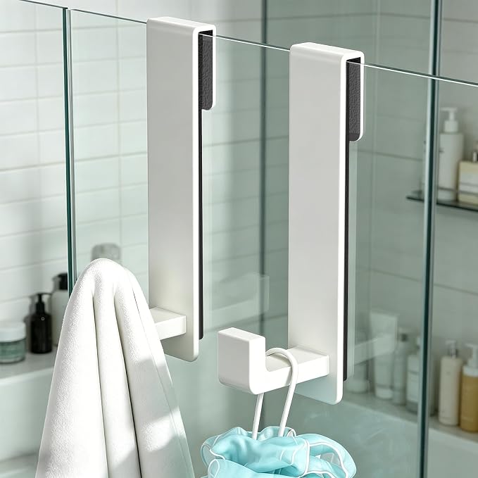 PMMASTO Shower Door Hooks, (7.5 Inch) Extended Towel Hooks for Bathroom Frameless Glass Shower Door, Stainless Steel Heavy Duty Hooks (White, L Shape-Fits 3/8" Thick Door)