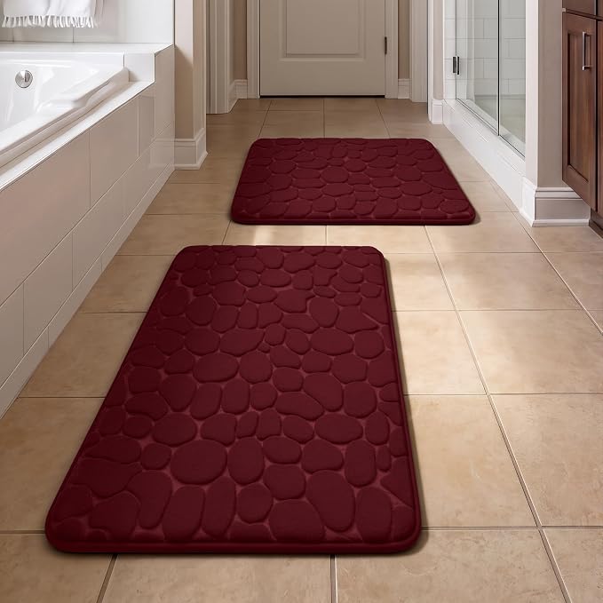 YIHOUSE Bathroom Rugs Mat Set, Memory Foam Bath Mat 2 Piece Red | 17x24&20x32, Non Slip, Water Absorbent, Washable, Bath Mat For Bathroom, Sink and Toilet