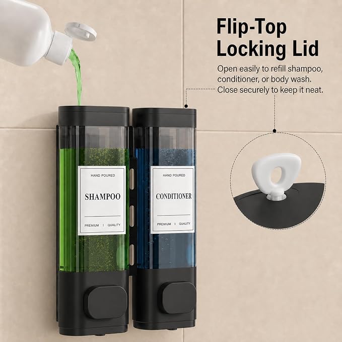 Shampoo and Conditioner Dispenser – Wall-Mounted Shower Soap Dispenser, No-Drill Installation, Lockable, 900 ml Capacity,for Bathroom & Hotel or Airbnb (Black, 2-Pack)