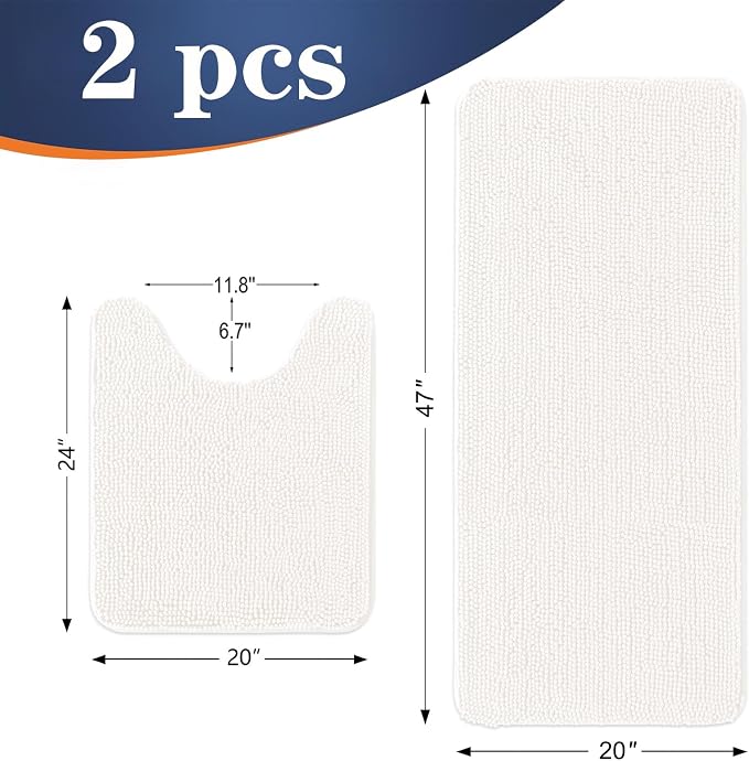 OLANLY Chenille Bathroom Rugs Mats Sets 2 Piece, 47"x20"+24"x20", Ivory | Soft Absorbent Bath Mat and U-Shaped Contour Toilet Rug Set, Quick Dry, Machine Washable Bath Carpet, Home Decor Accessories