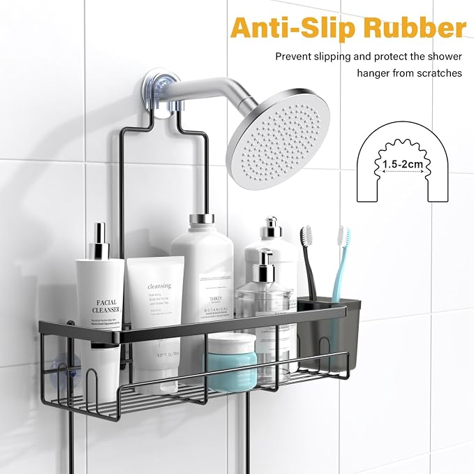 Hanging Shower Caddy Over Showerhead - Rustproof No Drill Shower Organizer | Includes Soap Holder and Hooks for Shampoo, Conditioner, and Bathroom Essentials with Quick Drainage Design