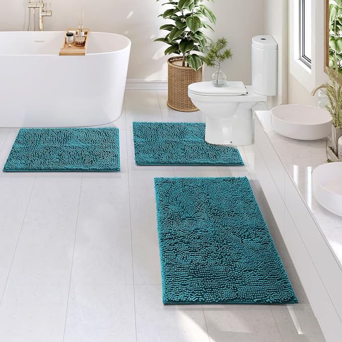 Hearth & Harbor Bathroom Rugs, Chenille Bath Mat - Machine Washable Bath Mats for Bathroom Non-Slip Backing Rubber, Quick Dry - Teal Blue Bath Rug, 17x24-20x32-20x24