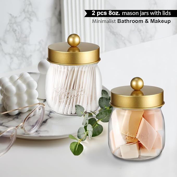 SheeChung 4 Pack Acrylic Mason Jar Qtip Holder Dispenser with Labels, Gold | Small Plastic Apothecary Jars,Vanity Canisters for Cotton Swabs,Balls,Floss Picks,Bathroom Storage Organizers,Farmhouse Decor