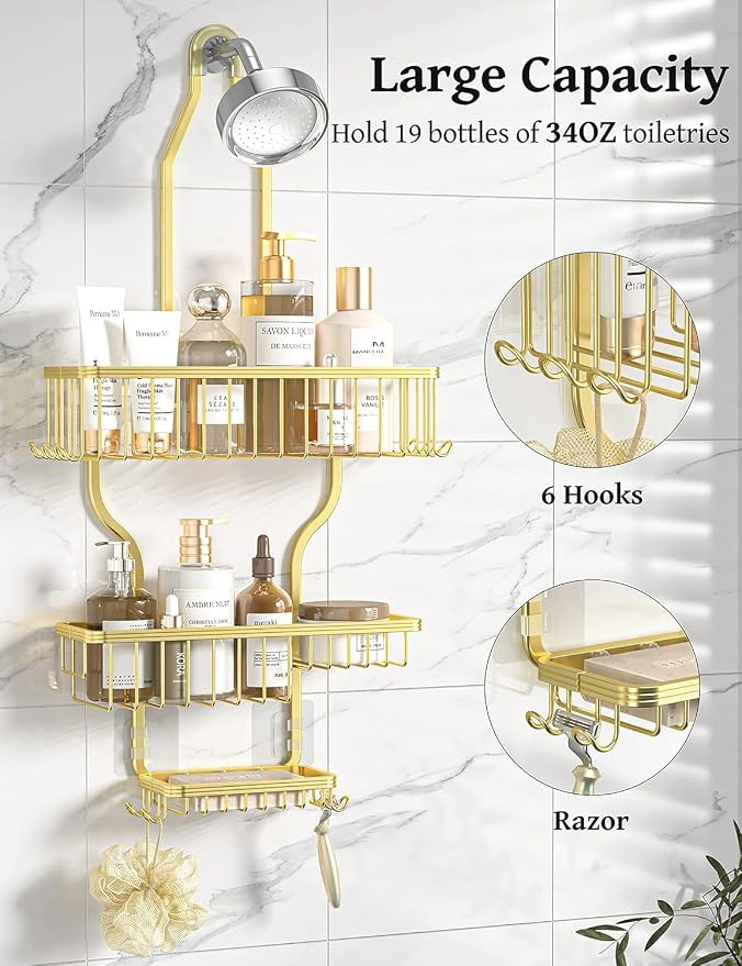 Never Rust Shower Caddy Hanging, Aluminum Shower Racks for Inside Shower, 3-Tier Shower Organizer Hanging Over Shower Head with Hooks and Soap Holder, Gold