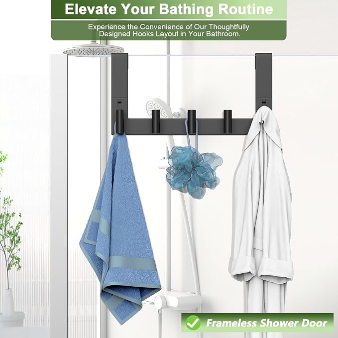 Extended Robe Door Hooks, Heavy Duty Stainless Steel Towel Hooks for Frameless Glass Shower Doors, Towel Hanger Rack, Shower Hooks for Bathroom (Black, 1 Pack)