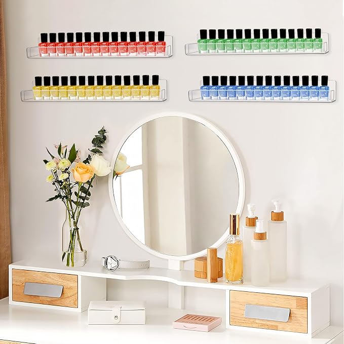 6 Pack Nail Polish Organizer Wall Mounted Shelf with Removable Anti-Slip Inserts, Paint Rack Acrylic Display for Salon Vanity Table Organization, Holds 90 Bottles, 15 Inch