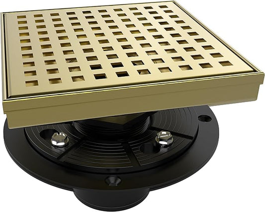 WEBANG 6 Inch Square Shower Drain Gold Floor Drain with Flange Square Holes Pattern Cover Grate Removable SUS304 Stainless Steel Watermark&CUPC Certified Brushed Gold