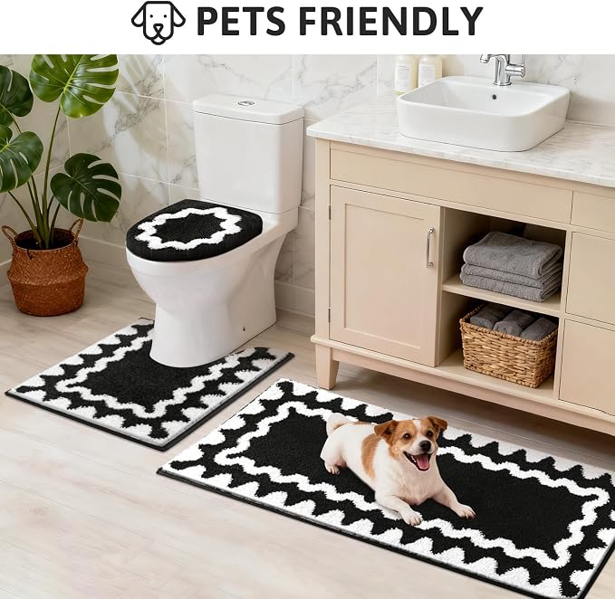 Findosom Bathroom Rugs Sets 3 Piece, Absorbent Soft Non-Slip Bath Rug Set | Washable Microfiber Shaggy Scalloped Bath Mat Set with Bathroom Runner Rug, U-Shaped Toilet Rugs, Shower Rug, Black