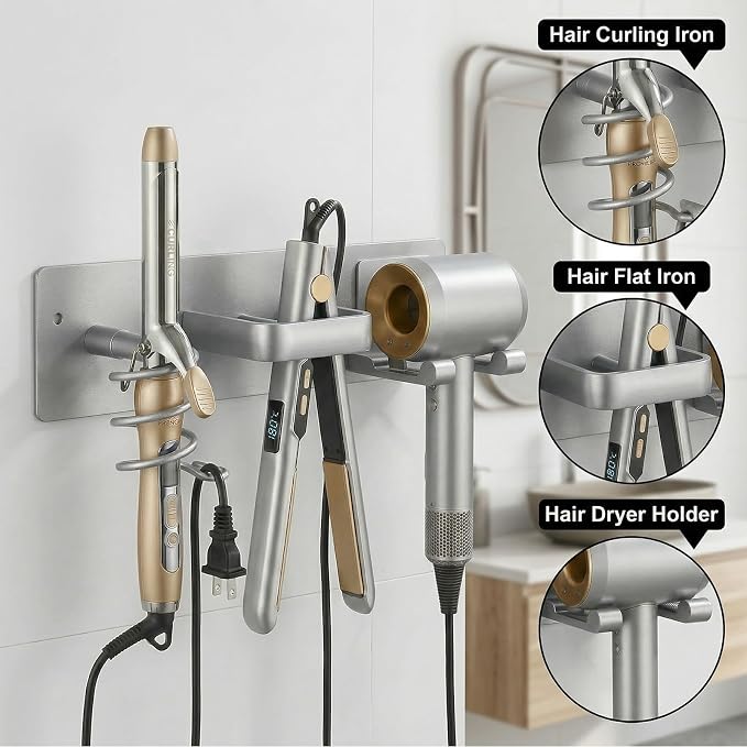 Hair Dryer Holder Hair Tool Organizer Metal Wall Mount (Silver) | Heat Resistant Hair Tool Organizer, Metal Wall Mount Storage, Bathroom Counter Space Saver, Blow Dryer Holder