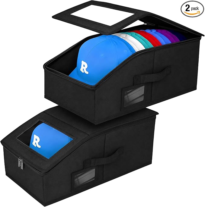 Hat Storage for Caps, 2-Pack Stackable Hat Organizer Boxes, Black | Sturdy snapback hat organizer holds up to 24 caps. Clear window design. Space-saving stackable storage box for closet.
