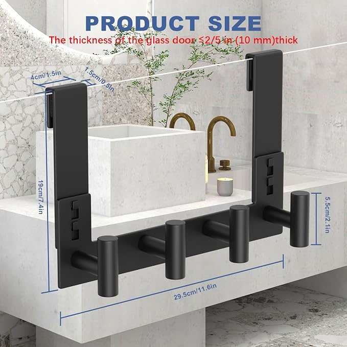 WUIVIUT Over Glass Shower Door Hooks, Heavy-Duty Frameless Bath Hanger for Robes, Towels Hook, Fits 3/8" (10mm) Thick Shower Glass (T Shape, 4 Hook)