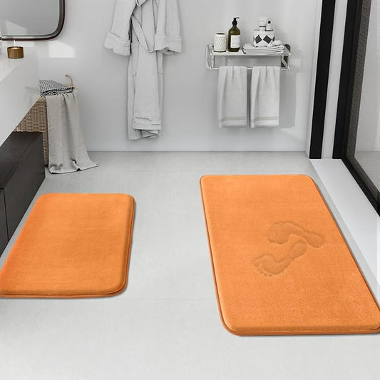 Bathroom Rugs Sets 2 Piece, Non-Slip & Quick Dry Bath Mat Set, Ultra Soft Velvet Bath Rugs for Bathroom, Toilet and Shower Floor, Orange