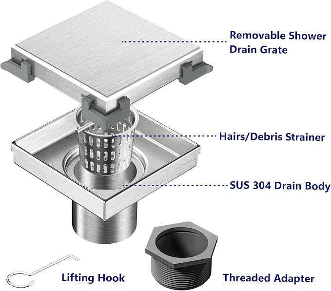 Neodrain Square Shower Drain with Removable Tile Insert Grate,304 Stainless Steel, CUPC Certified, Includes Hair Strainer (Brushed, 4 in)