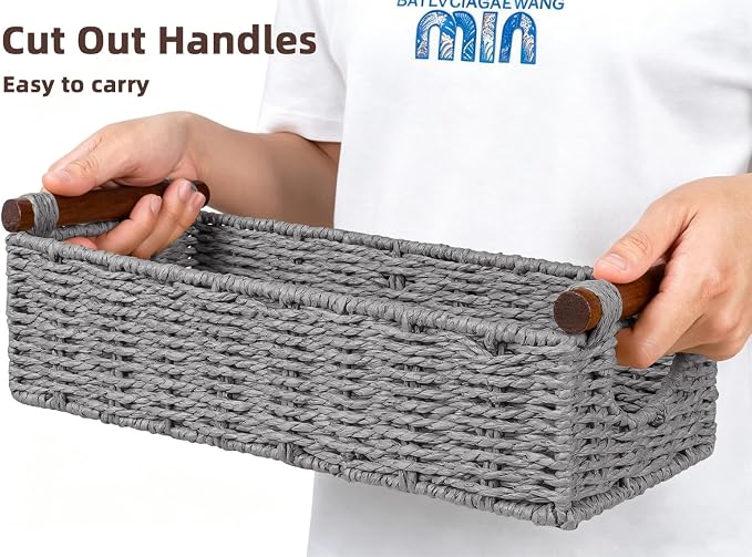CubesLand Wicker Toilet Storage Basket Tray Organizer W/Cut Out Handle, Slim Decorative Basket for Countertop, Shelves And for Versatile Home Decor, Living Room, Nursery Organization, Grey