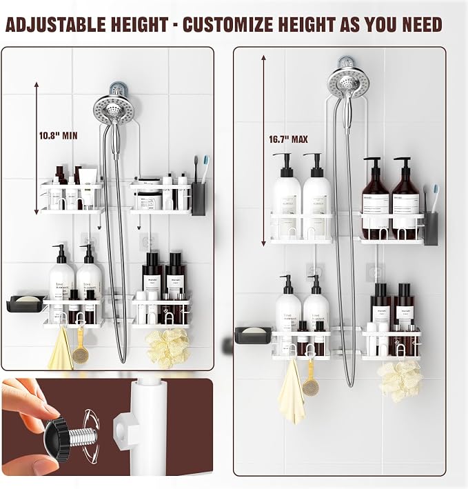 REINHARDT Adjustable Shower Caddy Hanging for Handheld Showerheads, White | Patented Shower Organizer, Rustproof, 40lbs Capacity, Anti-Swing, Tool-Free, Suction Cups, 8 Hooks, Soap & Toothbrush Holder