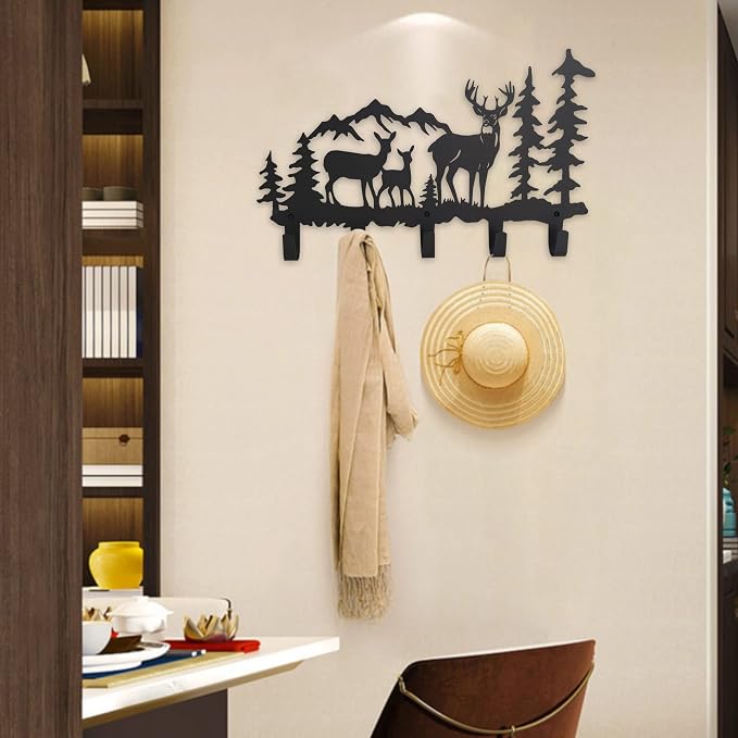 Metal 5-Hook Deer Storage, Powder Coated Wall Mount, 15.8x9.65x1.1 inches, 35lbs Capacity, for Entryway, Hallway, Office, Kitchen, Living Room Decor