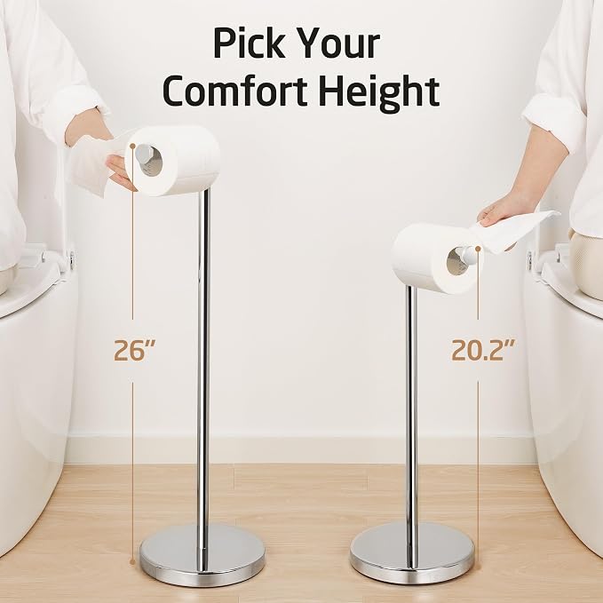 KES Freestanding Toilet Paper Holder with Weighted Base, Polished Silver | 304 Stainless Steel, Cement-Filled Base, Anti-Slip Pad, 20.2" H, Fits All Roll Sizes, Easy 1-Min Assembly
