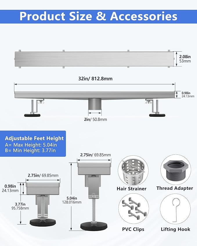 YEFU Shower Drain Nickel for Bathroom: 32 Inch Stainless Steel Linear Shower Drain – 2-in-1 Shower Floor Drain with Tile Insert Grate – Rectangle Linear Drain with Adjustable Feet & Hair Strainer
