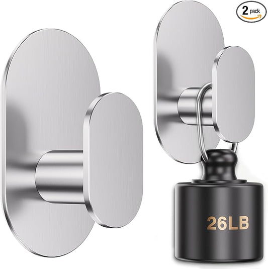 Aikzik Adhesive Towel Hooks - 26LB Heavy Duty Wall Sticky Waterproof Hooks for Hanging Coat, Towel, Robe, Wall Mount Stainless Steel Hooks for Bathroom or Kitchen (Silver, 2 Pack)