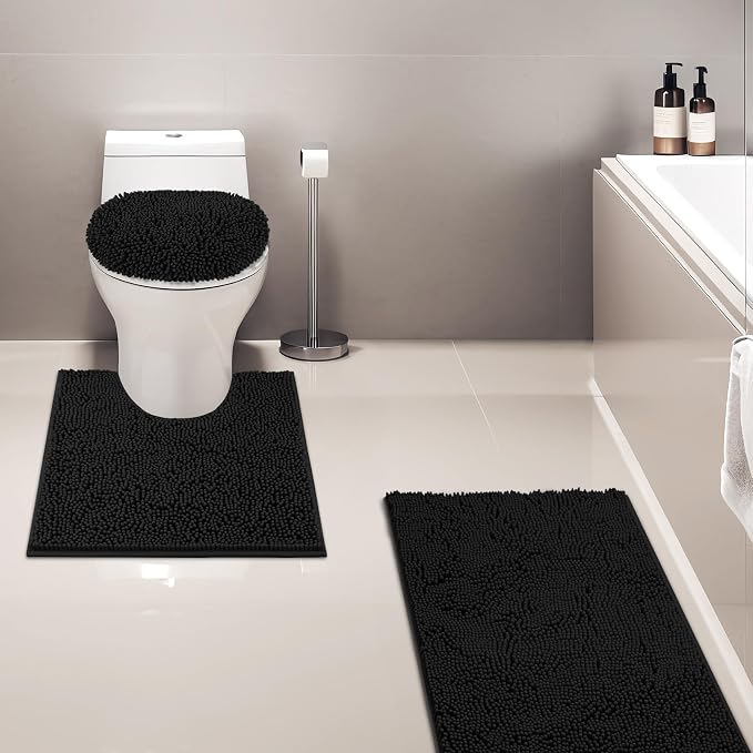 Bathroom Rugs Sets 3 Piece with Toilet Seat Cover 19.5"x 18.5" | Machine Washable Bath Rug Set with Tpr Non Slip Rubber Backing Solid Bath Mat Set for Luxury Bathroom Decoration