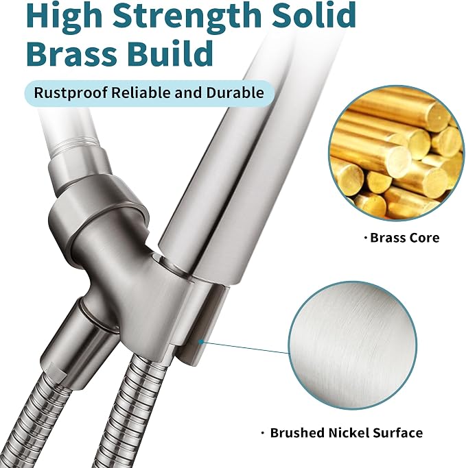 BRIGHT SHOWERS All Metal Handheld Shower Head Holder, Adjustable Shower Arm Mount with 360 Degree Rotatable Brass Ball Joint and Hose Connector, Universal Wall Hook Bracket, Brushed Nickel