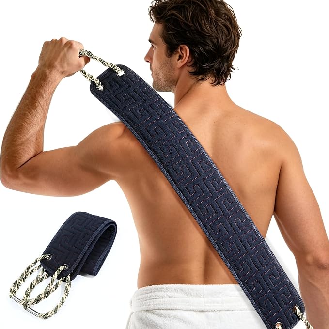 38 Inch Exfoliating Back Scrubber for Shower, Back Washer, Black | Dual Handles Long Bath Exfoliator, Full Back Coverage without Straining, Dual-Sided for Deeper Cleansing, Men & Women Acne