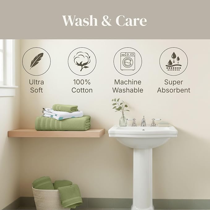 Modern Threads 6 Piece Bath Towel Set – Bathroom Set with 2 Bath Towels, 2 Hand Towels, and 2 Wash Cloths – 100% Cotton, Super Absorbent & Extra Soft – Reversible Natural Vine (Sage Green)