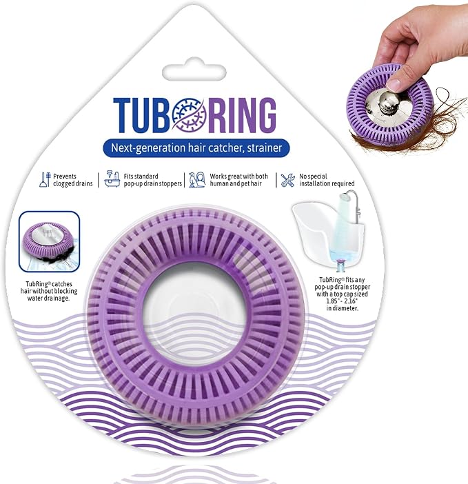 TubRing Pop-Up Drain Protector & Strainer Silicone Hair Catcher, Violet | Easy snap-in design fits around bathtub stoppers. Customizable utility guard for clog prevention. Fits 1.85"- 2.16" drains.
