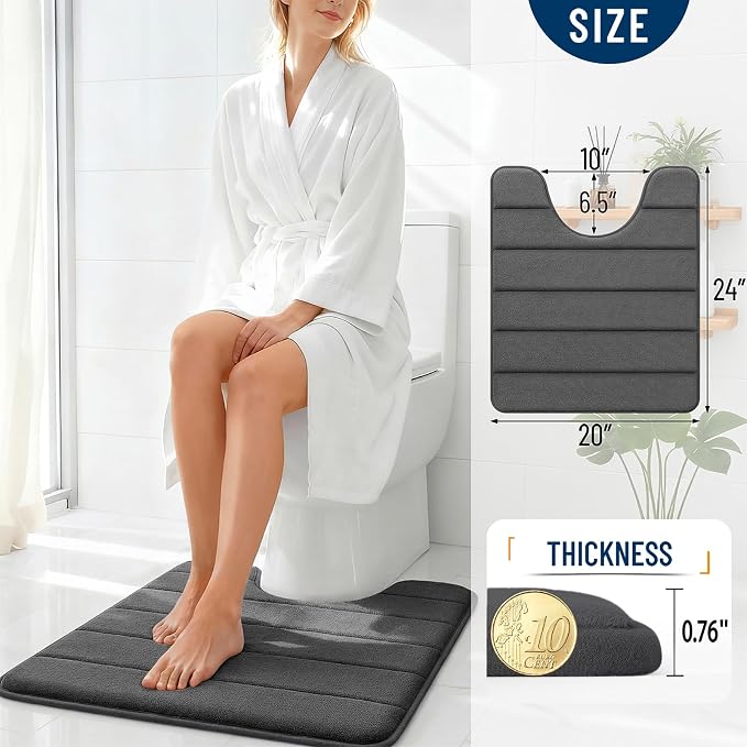 OLANLY Memory Foam Toilet Rugs U Shaped 24x20, Super Soft and Absorbent | Black, Quick Dry Commode Contour Bath Rugs, Machine Washable Toilet Mat, Comfortable Bathmat Carpet for Bathroom Floor