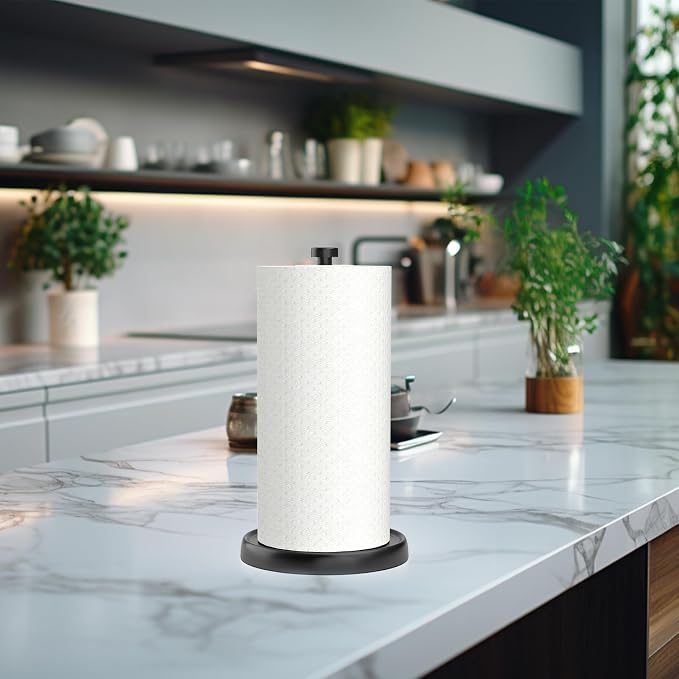 Paper Towel Holder Countertop, One-Handed Tear, Stainless Steel, Weighted Base, Black, Paper Towel Roll Holder Stand with Ratchet Mechanism for Kitchen Bathroom Farmhouse Essentials Decor Accessories