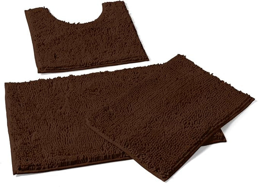 LuxUrux 3-Piece Bathroom Rug Set – Plush Chenille Bath Mats & U-Shaped Toilet Mat, Ultra-Soft, Absorbent & Non-Slip (20x20 U, 16x24 & 20x30 inches, Brown)