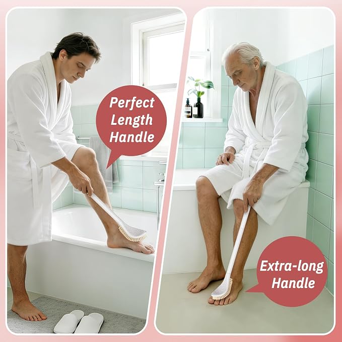 New Foot Brush & Foot File Set(2PCS), 3-in-1 Foot Scrubber in Shower, 10.2’’-27.5’’Adjustable Long Handle Foot Scrub Brush and Upgrade Foot File Callus Remover, Gift-Box Packed(Pink Set)