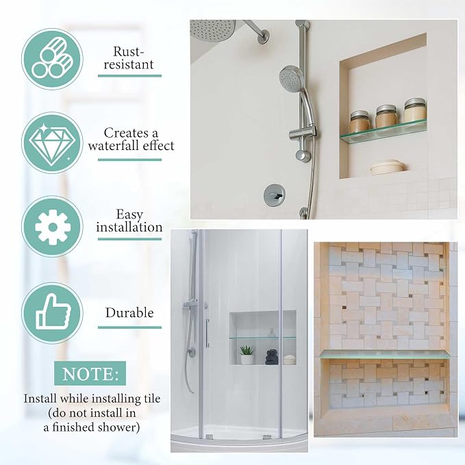 Teenyyou 1 Pcs 3-3/8" x 12" 3/8" Glass Shelf for Shower Niche, Tempered Glass Shelf Floating Shelves for Bathroom Essentials DIY Storage Decoration, Easy Install Support Plate