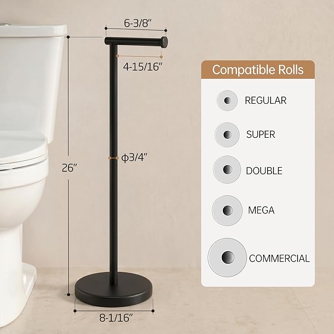 KES 26" H Black Toilet Paper Holder Stand with Weighted Base | 304 Stainless Steel Rustproof, Cement-Filled Base For Extra Stability, Fits Mega Rolls, Tool-Free Assembly, Hardware Included