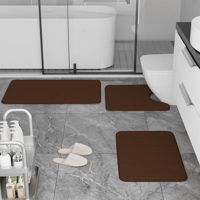 RUN HELIX Brown Bathroom Rugs Memory Foam Bath Mat Set 3 Piece Non-Slip Bath Rugs, Absorbent Shaggy Mats, Machine Wash,Perfect Plush Mats, Bathroom Carpets Set with U-Shaped Toilet Mat-Bedroom Rug