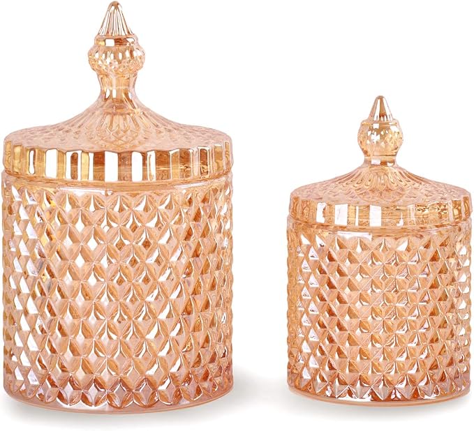 2 Pack Glass Qtip Holder, Apothecary Jars with Lids Bathroom Storage | Amber (10+24oz), Storage for Cotton Swabs, Balls, Pads, Floss Pick, Makeup, Candy & Jewelry, Vanity Organizer for Bathroom