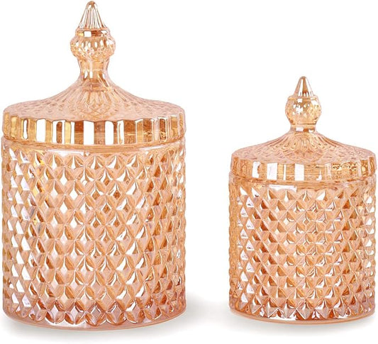 2 Pack Glass Qtip Holder, Apothecary Jars with Lids Bathroom Storage | Amber (10+24oz), Storage for Cotton Swabs, Balls, Pads, Floss Pick, Makeup, Candy & Jewelry, Vanity Organizer for Bathroom