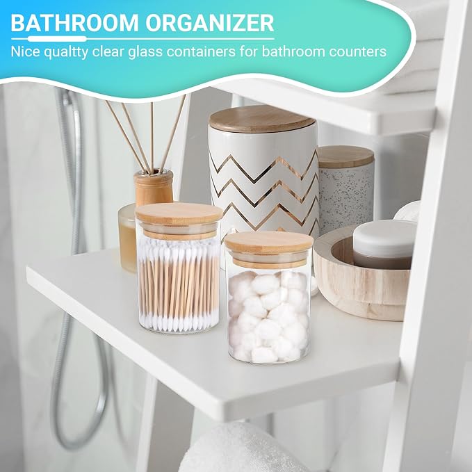 BKYFPQ 2 Pack Glass Qtip Holder Dispenser for Cotton Ball,Swab,Pads,Floss | Apothecary Jars with Lids,Vanity Makeup Organizer and Bathroom Canister Storage Organizer