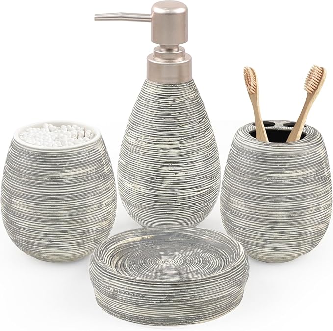 CERBIOR Bathroom Accessories Set,4 PCS Ceramic Bath Accessory,Grey | Includes Toothbrush Holder, Toothbrush Cup, Soap Dish for Decorative Countertop and Housewarming Gift