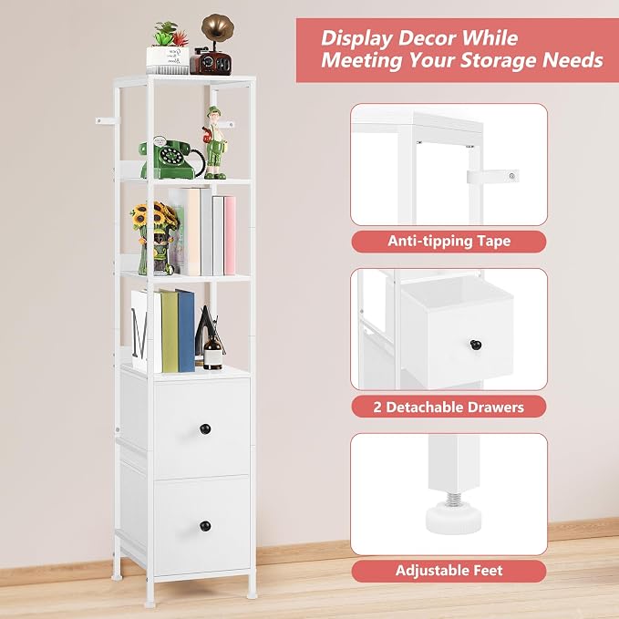 smusei Bathroom Storage Cabinet 55.9'' Tall Bathroom Storage Floor Cabinet with 2 Drawers and Shelves, Slim Corner Cabinet Narrow Bathroom Organizer Rack for Living Room, Kitchen, White