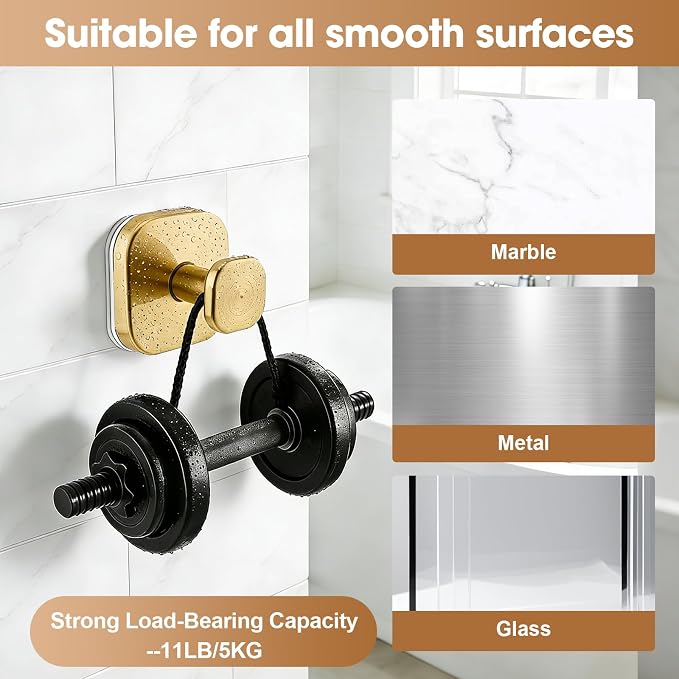 Suction Cup Hooks for Shower, Heavy Duty Stainless Steel Towel Hooks for Bathroom Wall, No Drilling Removable Robe Loofah Holder for Glass Door, Mirror, Kitchen, 2 Pack Brushed Gold