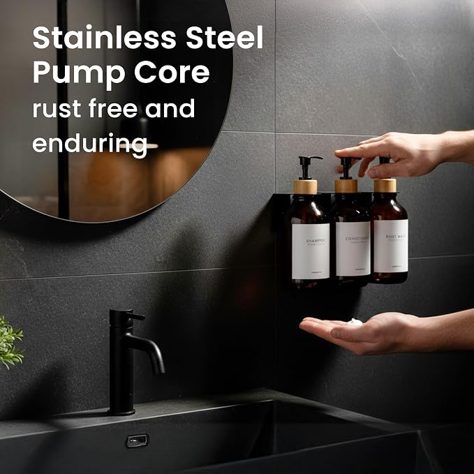 MaisoNovo Shampoo and Conditioner Dispenser|Refillable Amber Bamboo 3-Pack | 500 ml Shower Gel Dispenser Set of 3. Refillable Shampoo and Conditioner Bottles. Drill Free Secure Design. Amber Bamboo