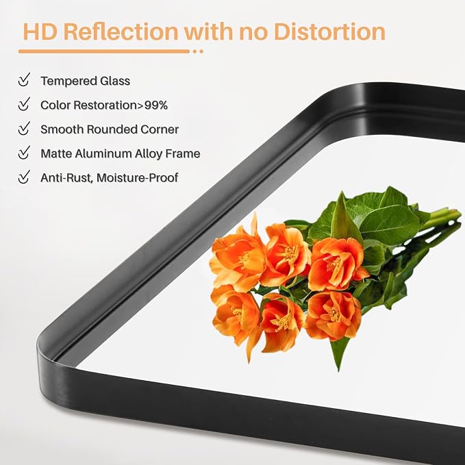 Bathroom Mirror for Wall, 30x22 Inch Rounded Rectangle Mirror, Black Metal Framed Bathroom Vanity Mirror for Restroom Farmhouse, Anti-Rust, Tempered Glass, Horizontally or Vertically Hanging