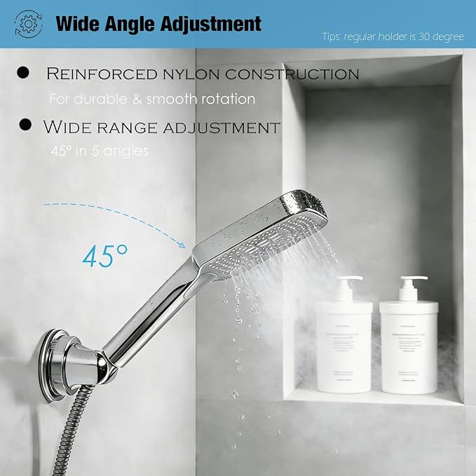 Handheld Shower Head Holder Suction Cup - Relocatable - Wide Angles Adjustable - 90° Downward - Bathroom Wall Mount Shower Wand Holder (Polished Chrome)
