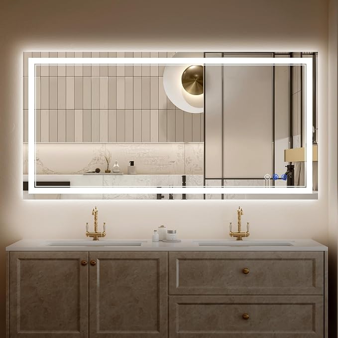 40"x55" LED Bathroom Mirror with Lights, Anti-Fog, Backlit + Front Lit, Dimmable, Led Vanity Mirror for Wall, Lighted Bathroom Mirror, 4 Colors, Shatter-Proof Tempered Glass