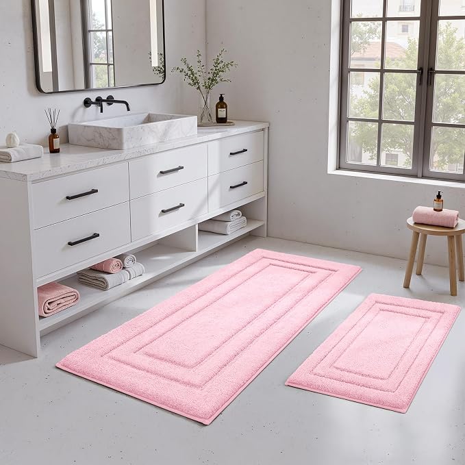 HOMEIDEAS Bathroom Rugs Sets 2 Piece, Soft Extra Long Bath Mat Light Pink | Super Soft and Absorbent Non Slip Microfiber Bath Rug，Machine Washable, for Bathroom, 20" x 47" + 16" x 24"