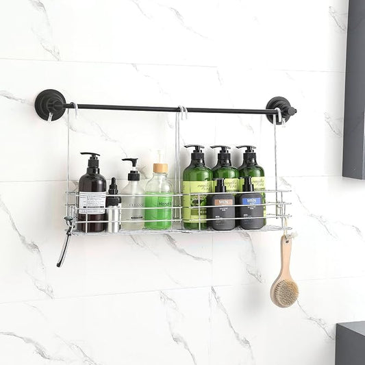2pcs Single-Layer Hanging Shower Caddy, Rustproof Shelves Rack with Rotatable Hook bar, Large Capacity Bathroom Organizers and Storage, No Drilling Shampoo Bracket
