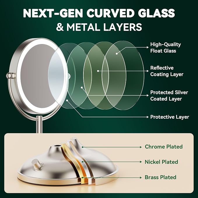 Auxmir 9" 5000mAh Maginfying Mirror, 9" 1X/30X Lighted Makeup Mirror | rechargeable battery, 3 dimmable colors, 360° rotation, stable base, brushed nickel, 30X magnification with 2 tweezers