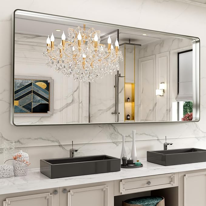 LOAAO 72X32 Inch Brushed Nickel Bathroom Mirror | Rounded Rectangle, Silver Metal Frame, Anti-Rust, Tempered Glass, Hangs Horizontally or Vertically